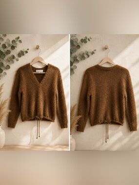 Cozy Brown V-Neck Drawstring Women's Sweater
